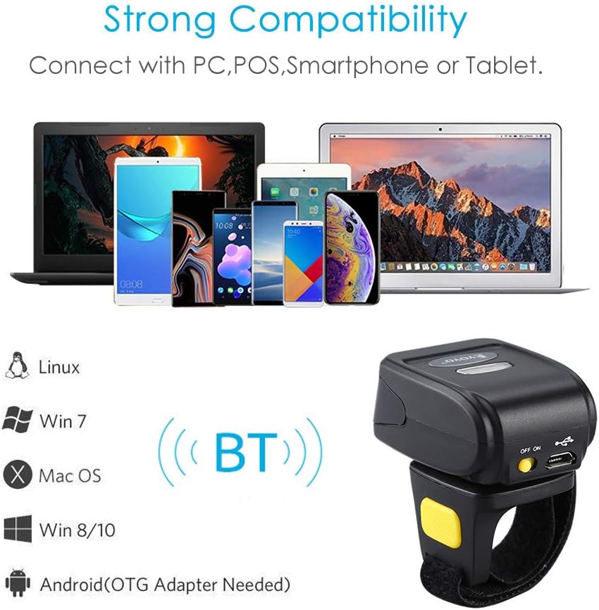 Eyoyo 1D Wireless Wearable Ring Finger Barcode Scanner, Bluetooth & 2.4G Wireless & USB Wired Connection, Portable Mini UPC ISBN Bar Code Reader Compatible with iPhone, iPad, Android, Tablet
