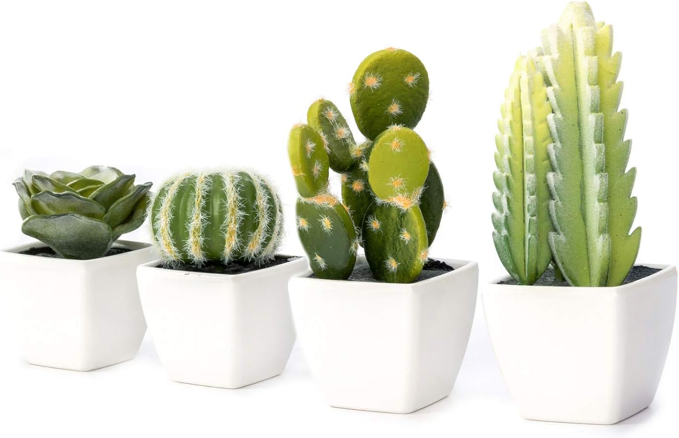 Artificial Mini Succulent & Cactus Plants in White Cube-Shaped Pots for Home Decor, Set of 4