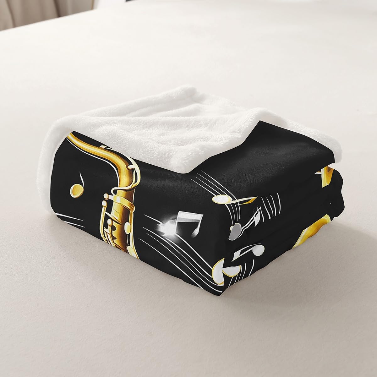 Erosebridal Saxophone Sherpa Blanket With Rotating Musical Notes - Fleece Throw for Kids, Boys, Girls - Retro Jazz Music Theme Fuzzy Decor for Sofa - Queen 90"x90" Gold Black