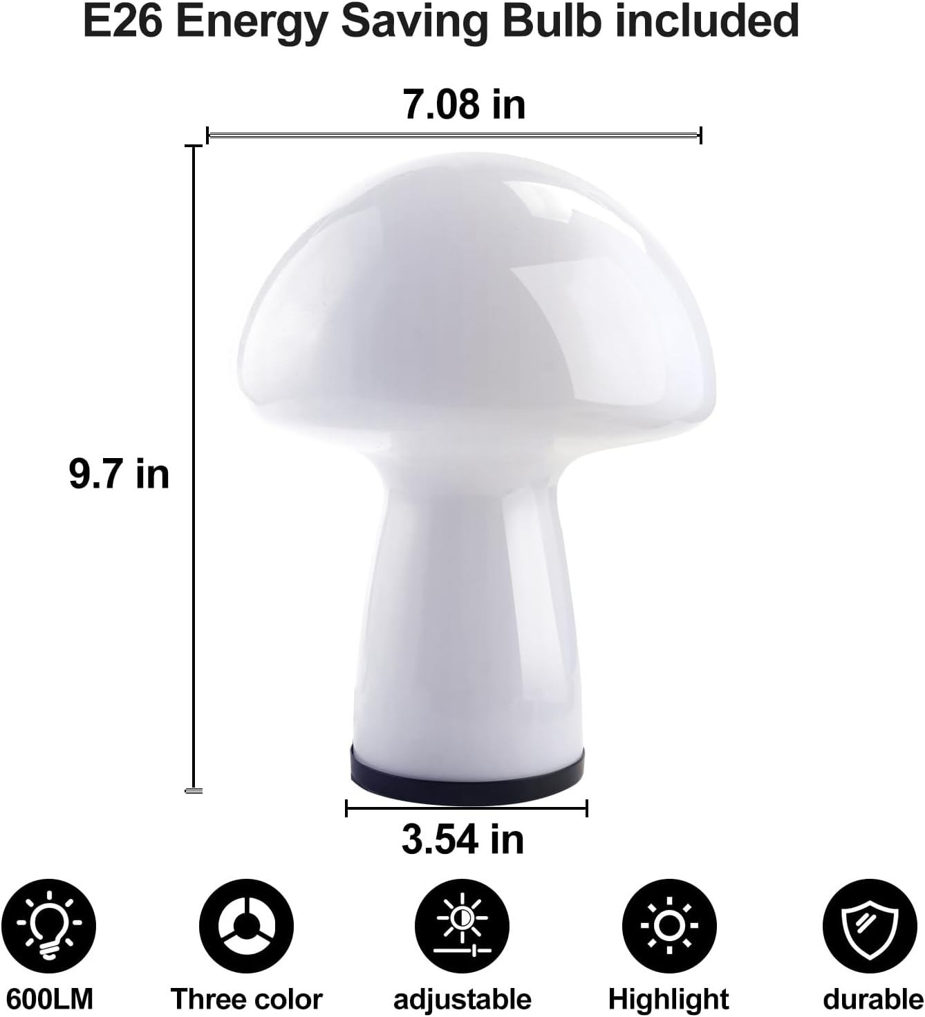 Mushroom lamp,Dimmable Glass Table Lamp,Vintage Style Table Lamp,White Bedside Desk lamp,Cute Table Lamps.（LED Bulbs Included）