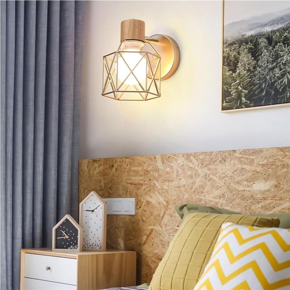 Farmhouse Wall Lamp with Iron Cage Shade E26/E27 Base for Bedroom Bedside Rustic Industrial Sconce Lighting Fixture Living Room Hallway(Gold)