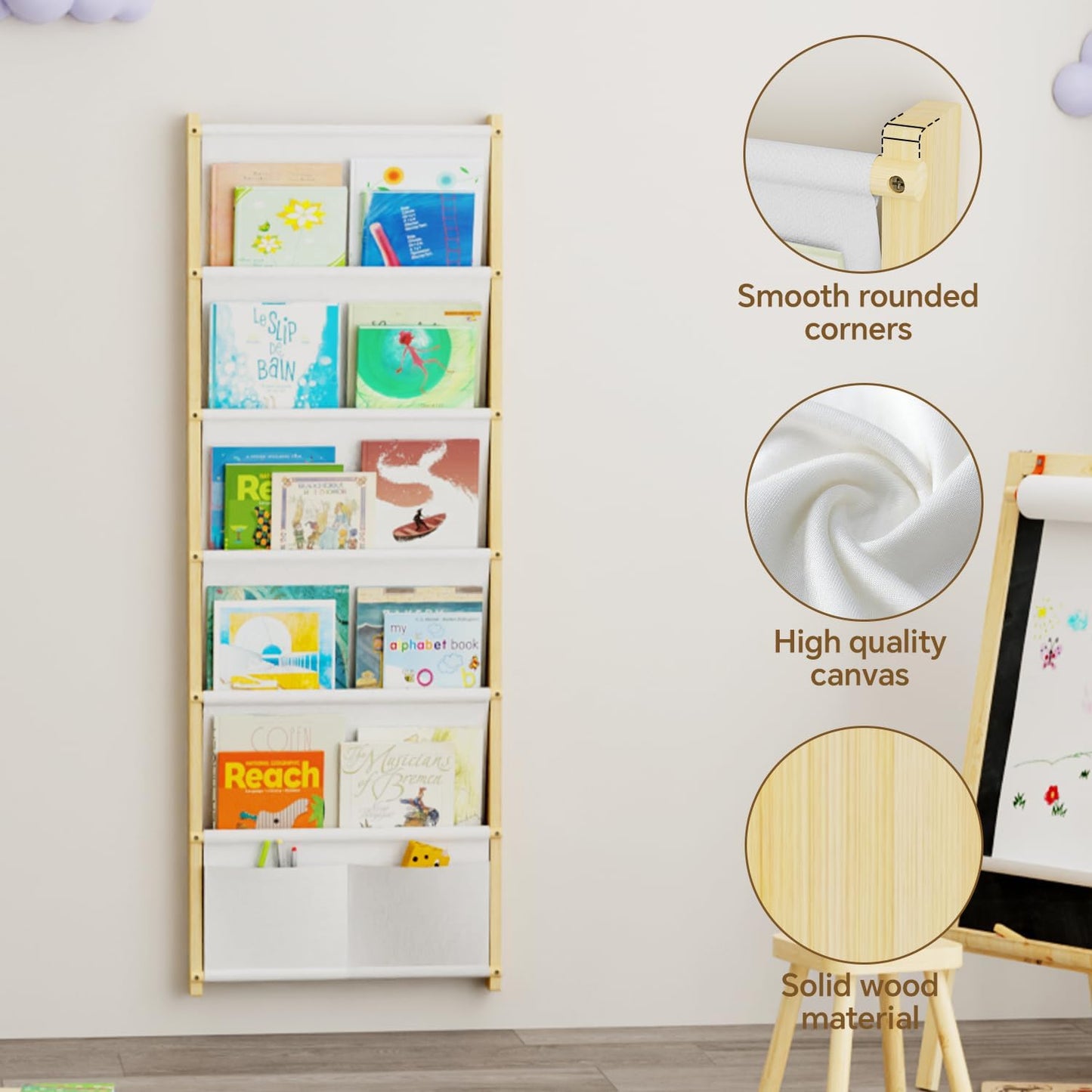 Wood 6-Tier Wall Mounted Kids Bookshelf – Floating Book Shelf For Kids Rooms,Nursery & Classroom, Hanging Bookcase Organizer For Books, Toddler Book Shelf, Montessori Bookshelf, Nursery Shelves