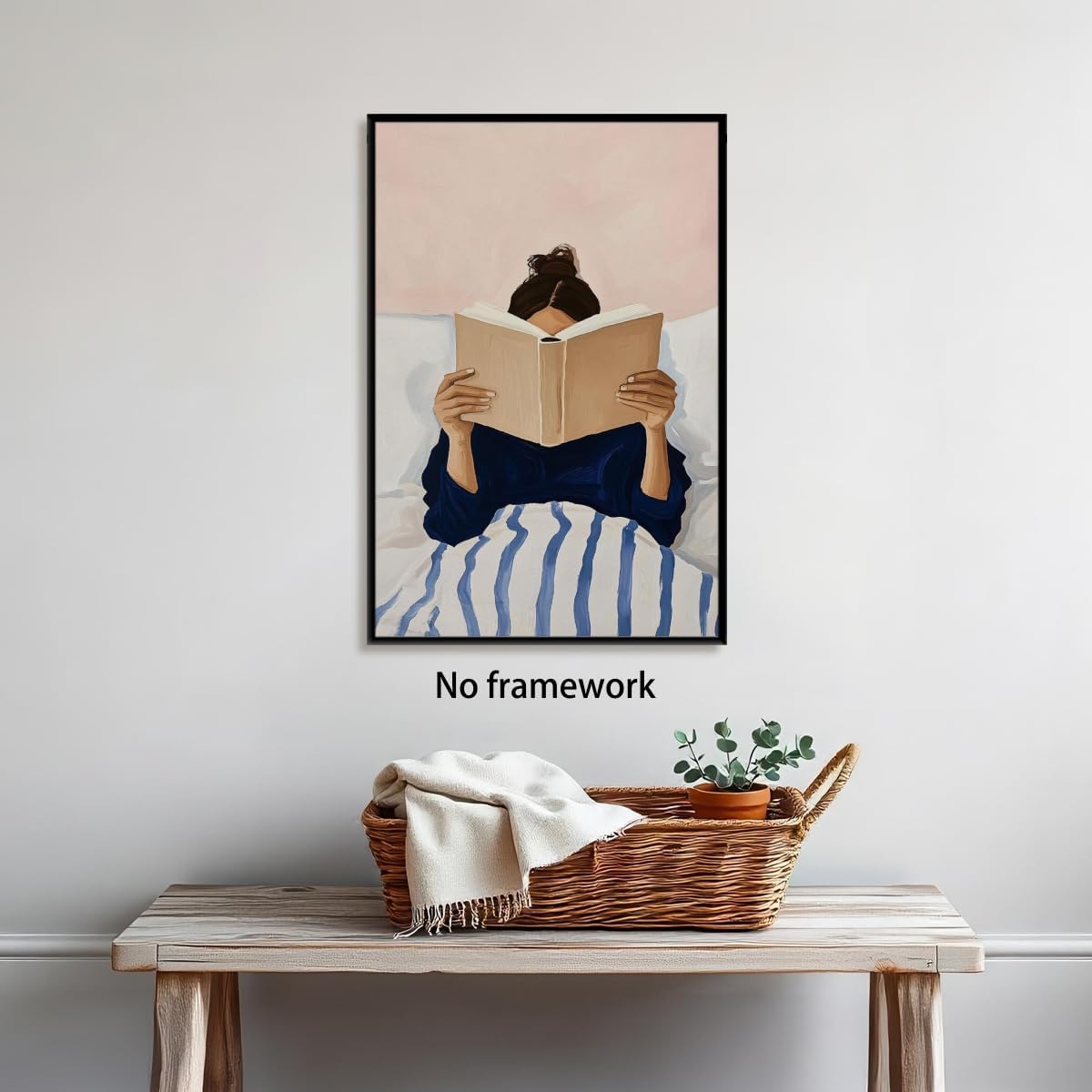 Vintage Woman Reading in Bed Poster Minimalist Book Lover Print Wall Art Reading Nook Library Living Room Girly Bedroom Decor Whimsical Retro Posters for Reader & Teens 16x24inch Unframed