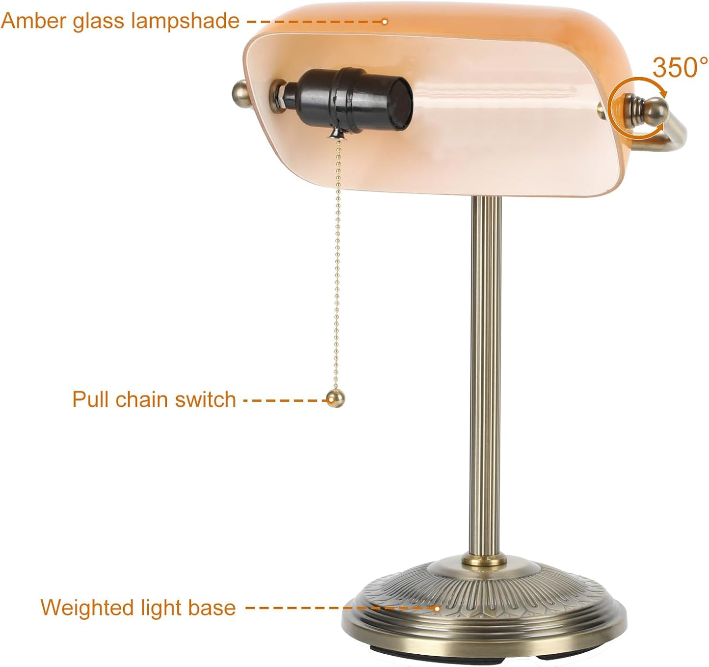 NISSAFORS Bankers Desk Lamp, Amber Glass Shade, Vintage Desk Lamp with Pull Chain Switch, Retro Table Lamps for Home Office (Brass+Amber, Small)