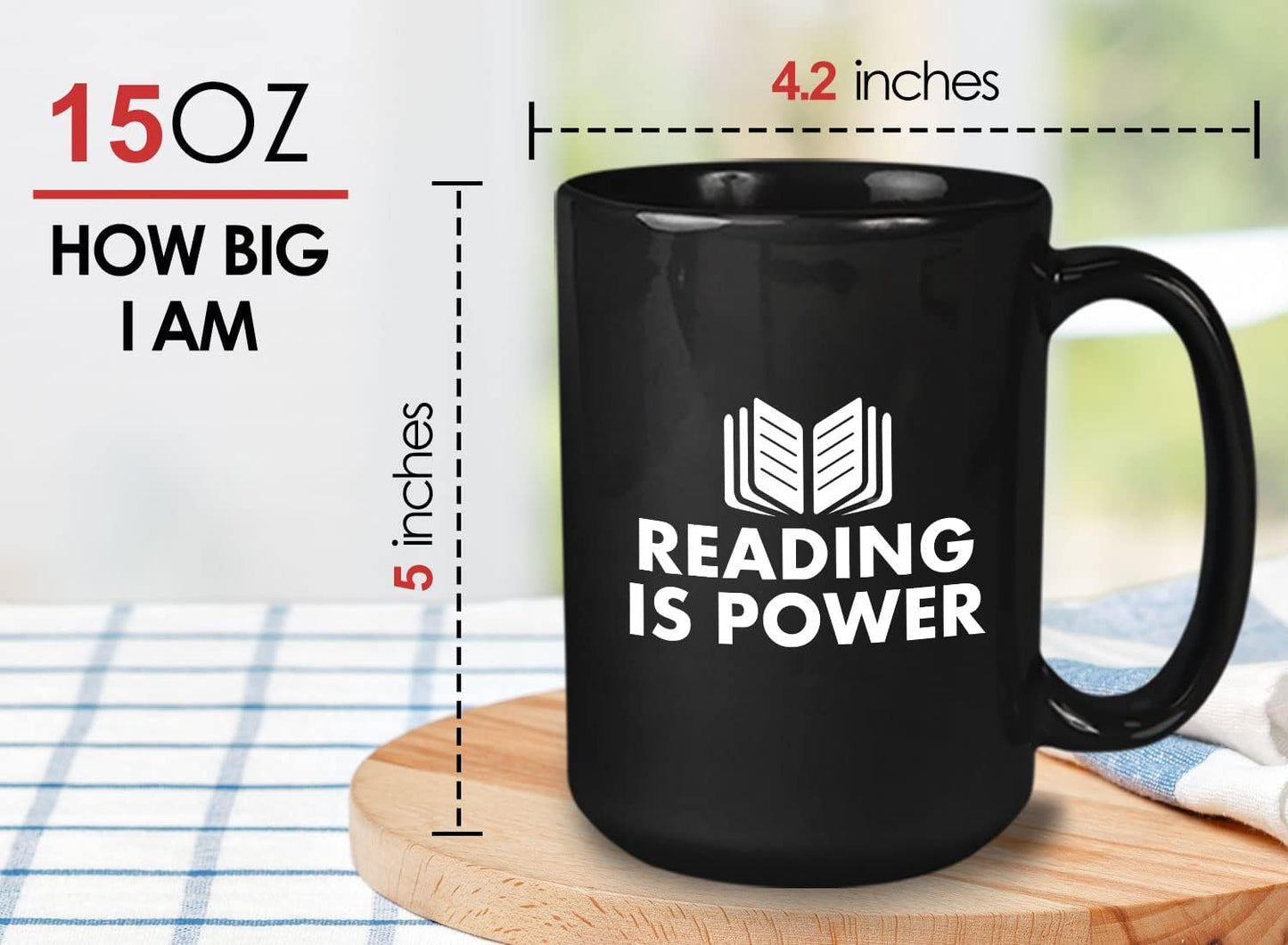 Book Lover Coffee Mug 15oz Black - Reading is power - Literary librarian Literature Bookworm Historian Public Library Curator Bibliophile Bibliolater