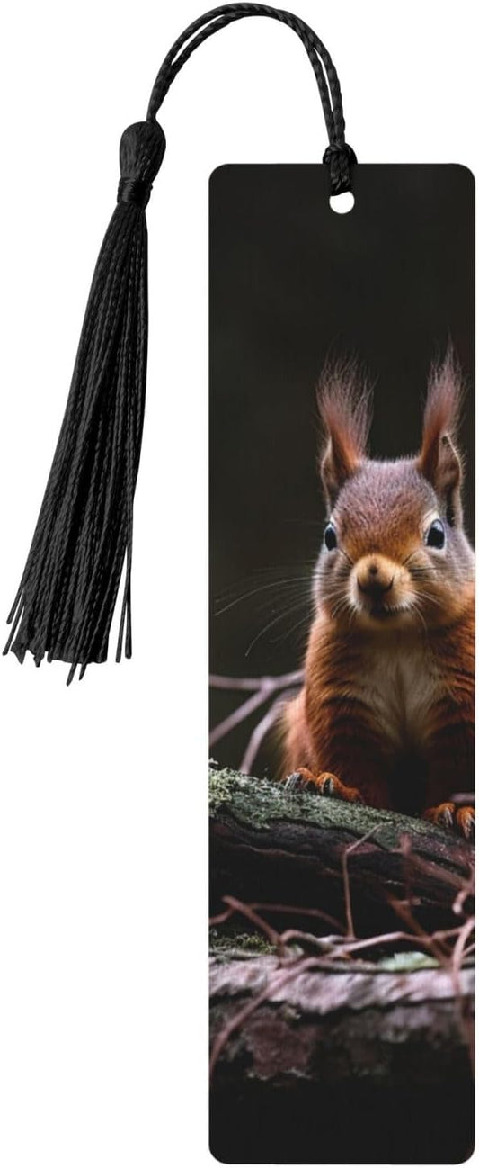 Squirrel in The Wild Bookmarks Gifts for Women Men, Wooden Bookmarks for Book Lovers, Vintage Book Marks Ornaments with Tassel, Unique Personalized Reading Page Markers Black