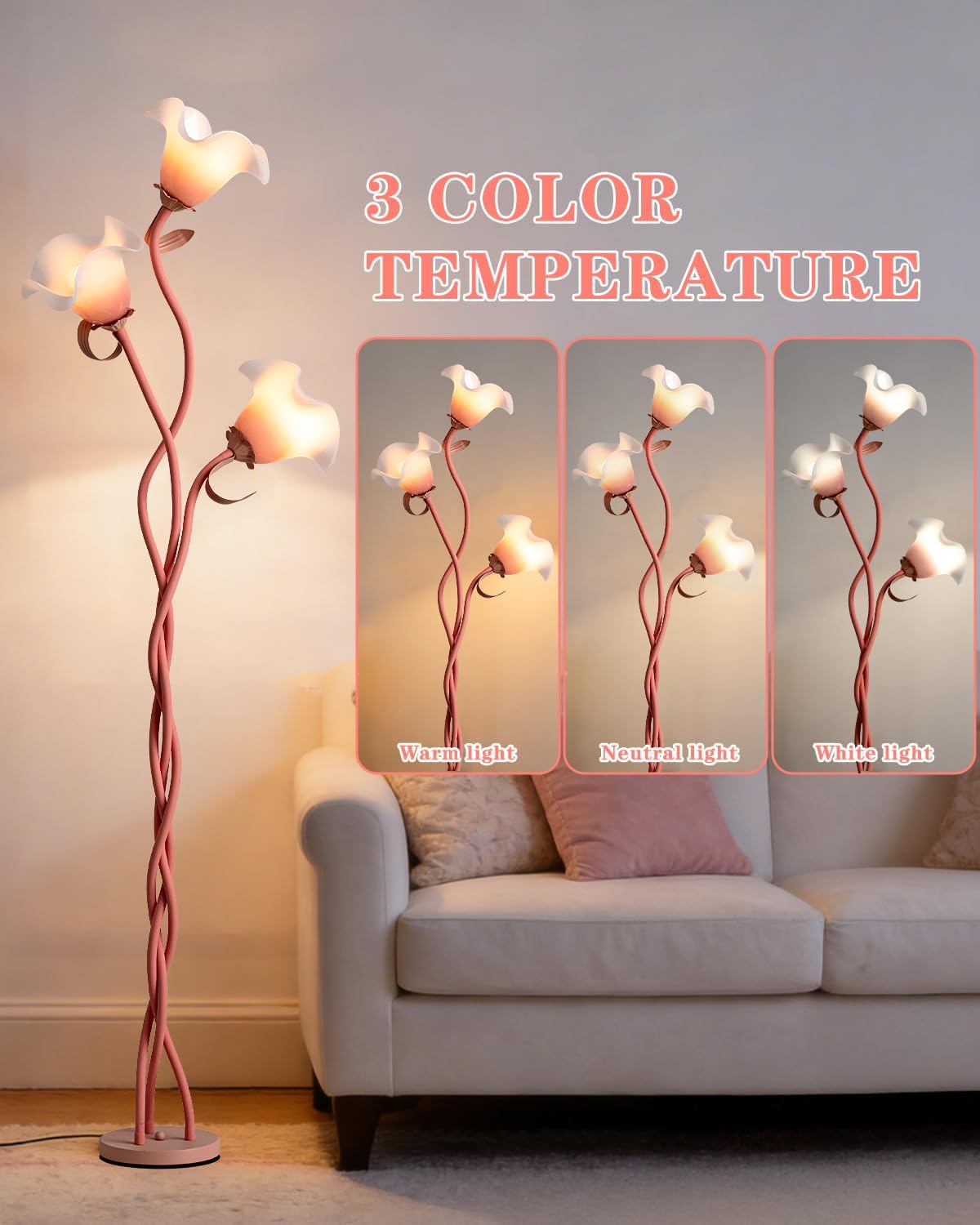 Flower Floor Lamp for Living Room - Tall Standing Reading Lamp with Flexible Neck, 3 Color Temperatures LED Dimmable Decorative Light, Pink Calla Floor Lamp for Bedroom Corner (Pink)