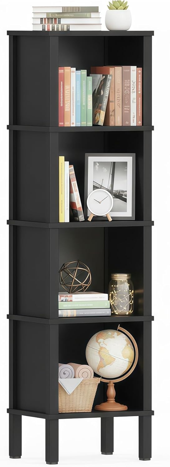LAATOOREE 4-Tier Narrow Bookshelf for Small Spaces, Modern Cube Bookcase, Skinny Storage Shelving Unit, Open Display Rack, 14.2 x 11.2 x 52 inches, for Bedroom, Living Room, Home Office, Corner