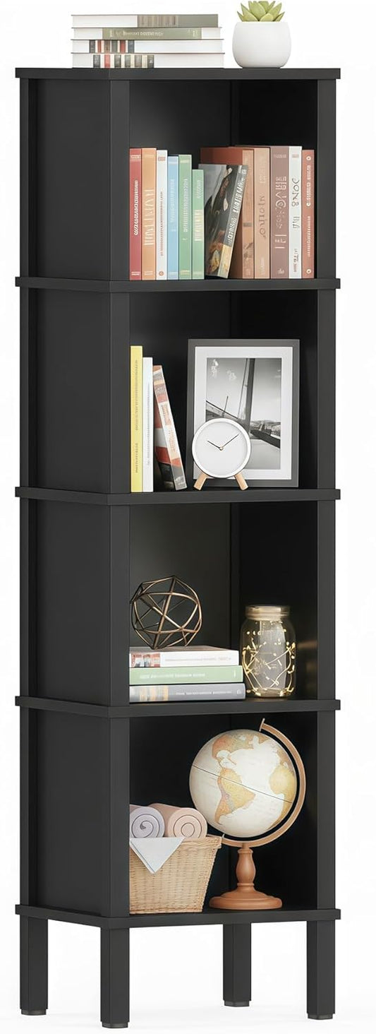 LAATOOREE 4-Tier Narrow Bookshelf for Small Spaces, Modern Cube Bookcase, Skinny Storage Shelving Unit, Open Display Rack, 14.2 x 11.2 x 52 inches, for Bedroom, Living Room, Home Office, Corner