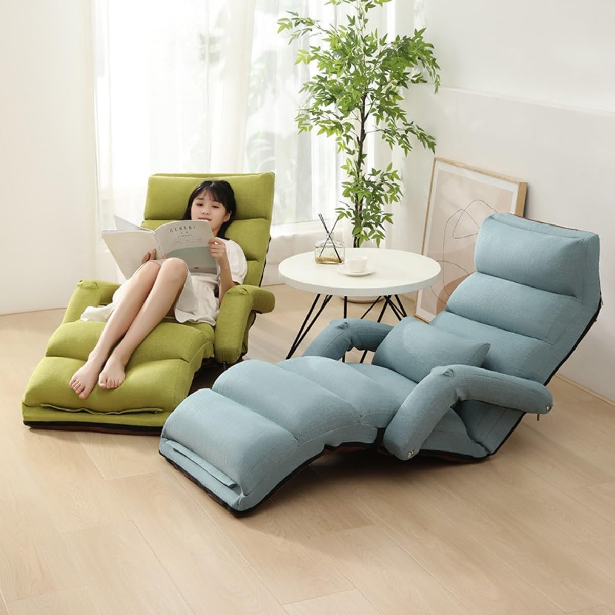 Foldable Lazy Sofa Bed,Adjustable Floor Chair Chaise Lounge with Armrest and Footrest, Folding Floor Gaming Chair,for Reading Living Room Bedroom Indoor Foldable Lazy Sofa