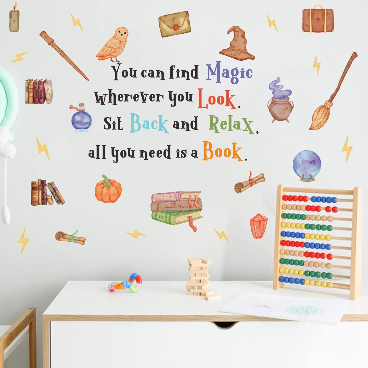 Magic Reading Book Wall Decal, You Can Find Magic Education Inspirational Quote Vinyl Wall Stickers, Removable Watercolor Reading Artwork for Kindergarten Classroom Llibrary Playroom Decor