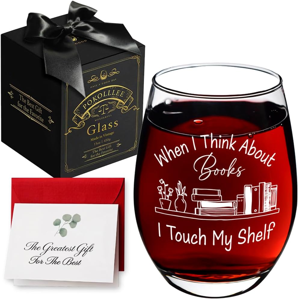 When I Think About Books I Touch My Shelf Wine Glass, Funny Gifts for Book Club, Unique Wine Glass Gifts for Readers, Book Lover Wine Glass Graduation Birthday Gifts, Christmas Gift for Book Lover