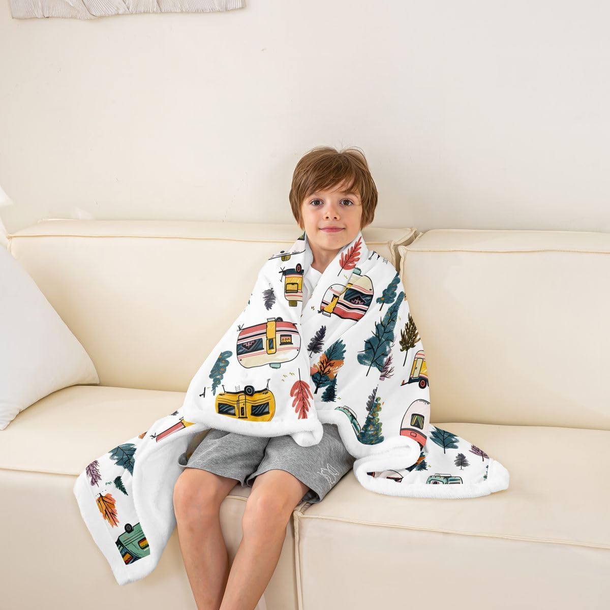 Feelyou Camping Sherpa Throw Blanket for Couch Happy Camping Super Soft Cozy Fleece RV Camper Blanket for Winter, Plush Throw 40"x50" All Season