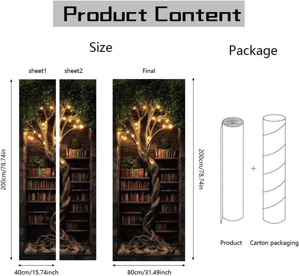arricraft 2 Pcs Self-Adhesive Door Sticker, 31.5"x78.7" Fantasy Tree-Shaped Bookshelf Retro Bookshelf Light Tree Murals Stickers PVC Removable Wallpaper Decoration for Bedrooms Living Room