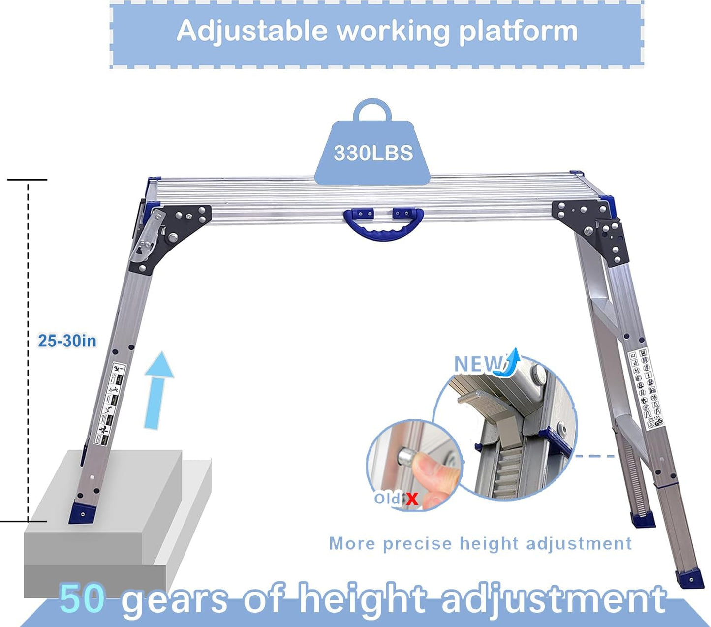 LEADALLWAY Work Platform 39"x12",50 Gear Adjustable Height 25 to 35 inches Portable Folding Aluminum Step Ladder of Capacity 330 Lbs Heavy Duty