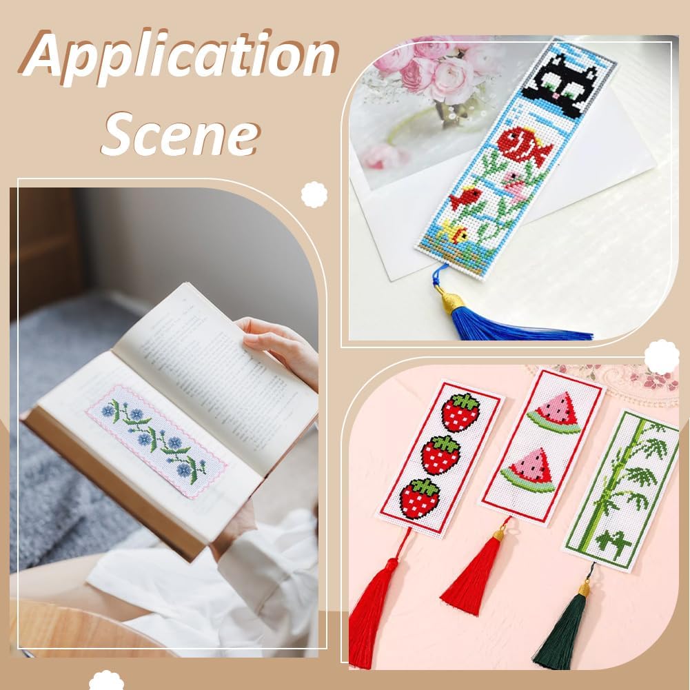 BENECREAT 15Pcs White Cross Stitch Bookmarks, 7.5x2.8 Inch Blank Cotton Embroidery Bookmarks with Pink Stitching Trim for Needlework, DIY Art Crafts, Sewing Projects