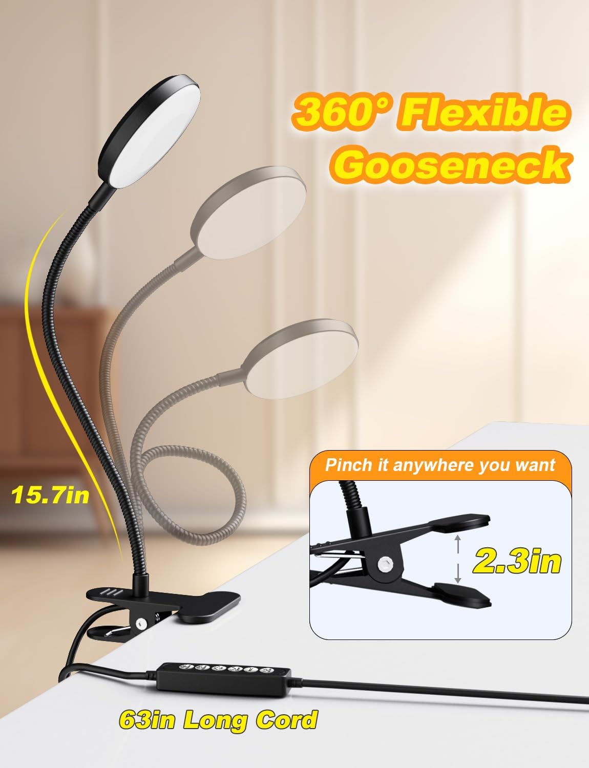 Desk Lamp with Clamp-10W，2-in-1 with RGB Ambient & Warm White Light,Book Reading Light Color Changeable/Flexible Gooseneck LED Lamps Clip on Bed Headboard and Computers 800LM-Black