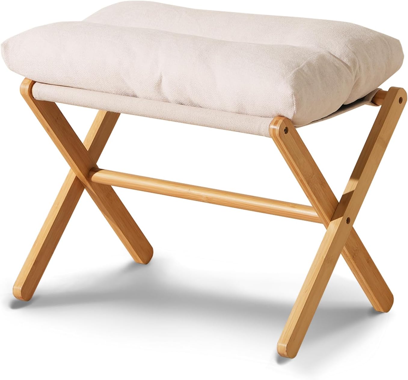 Ottoman Foot Rest- Bamboo Foldable Stool, Foot Stools Small Ottman with Upholstered & X Legs, Folding Stool for Makeup, Bedroom and Living Room (Large Beige)