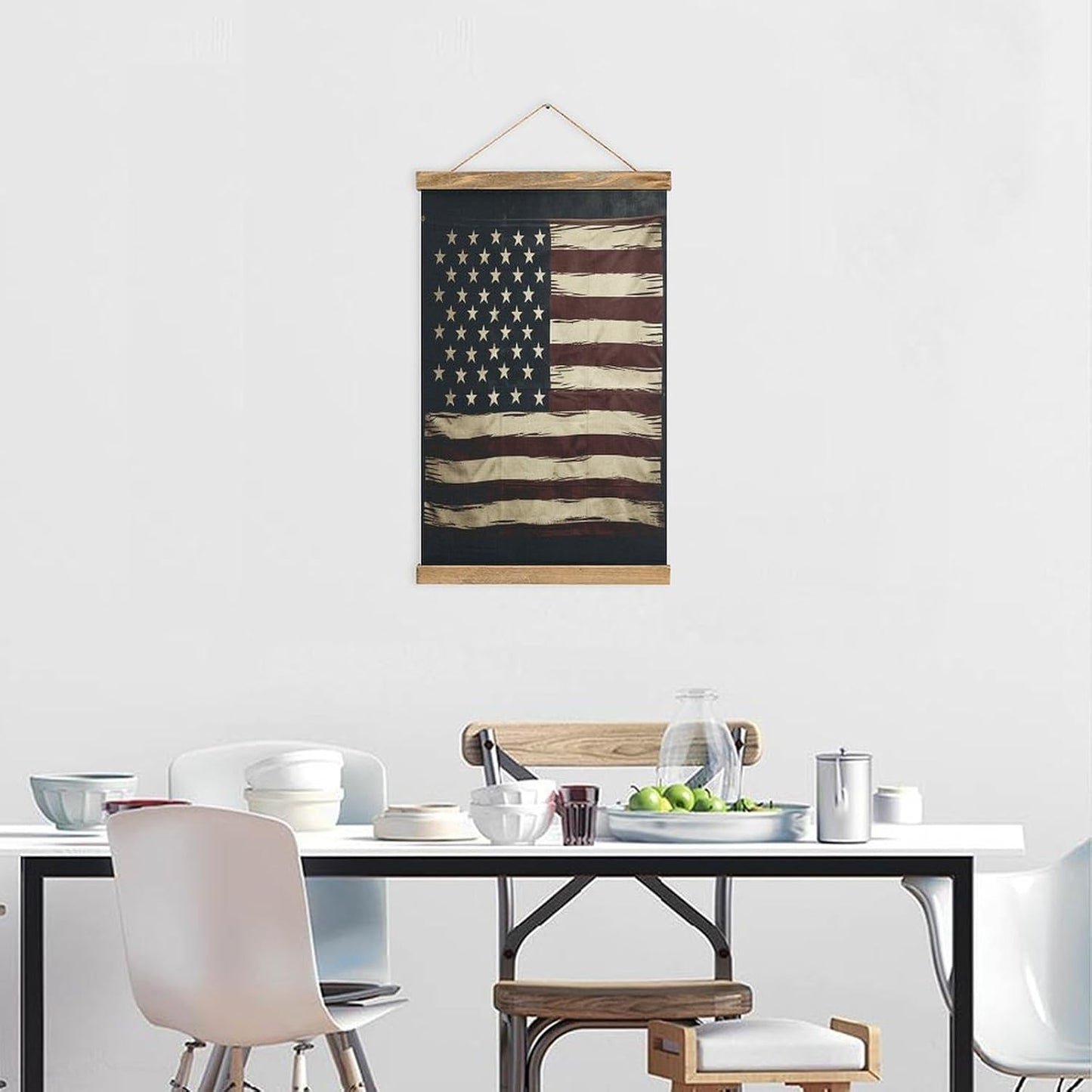 Vintage American Flag Poster with Wooden Frame Personalized Linen Hanging Scroll Painting Rustic Wall Hanging Illustrative Modern Artwork Decor for Home Living Room Bedroom Office