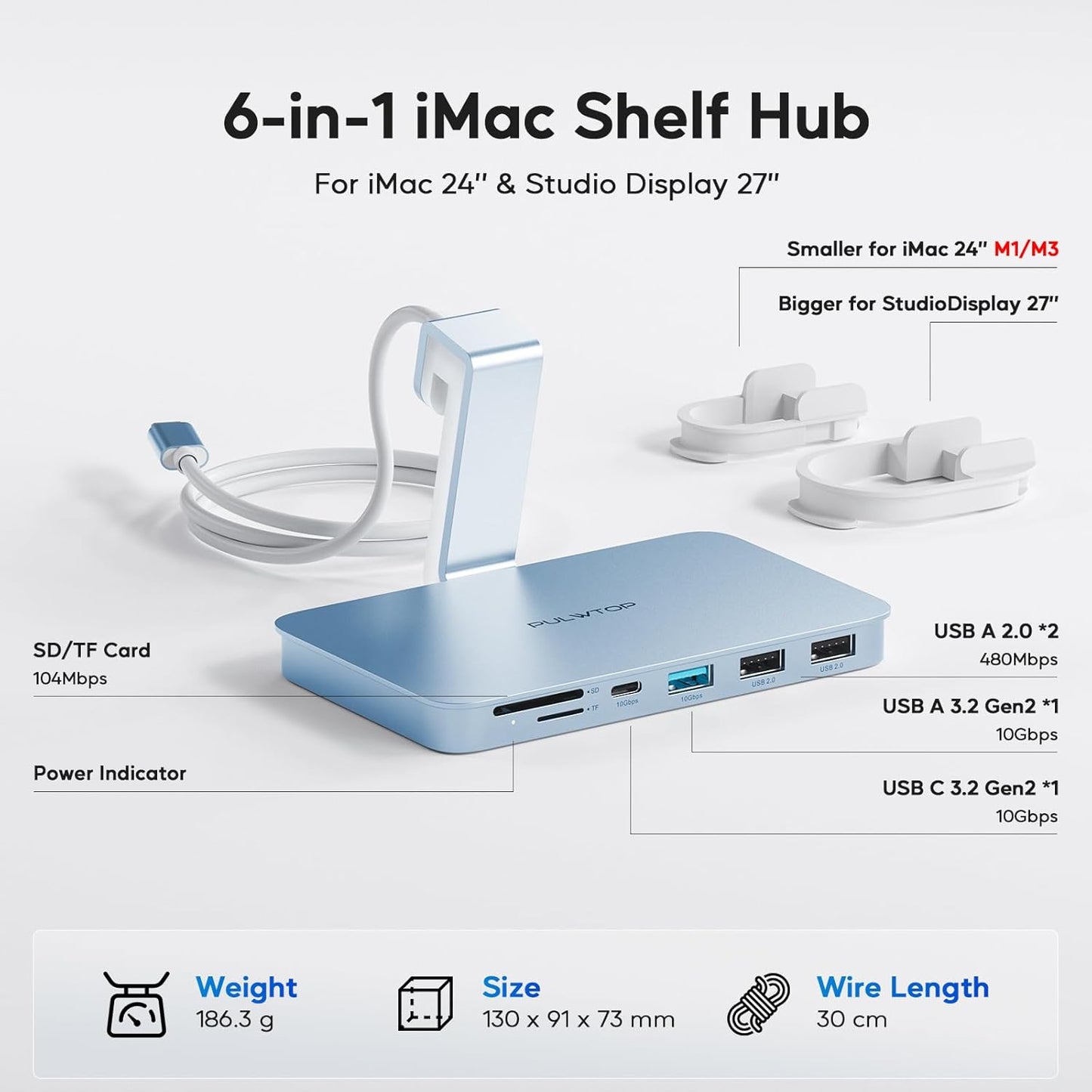 iMac Accessories for i-Mac 2021/2023/2024, PULWTOP USB C Hub for iMac with USB A/C 10Gbps, Hub for M1/M3/M4, 2USB A 2.0, SD/TF Card Reader for iMac24 inch & Studio Display 2 Blue