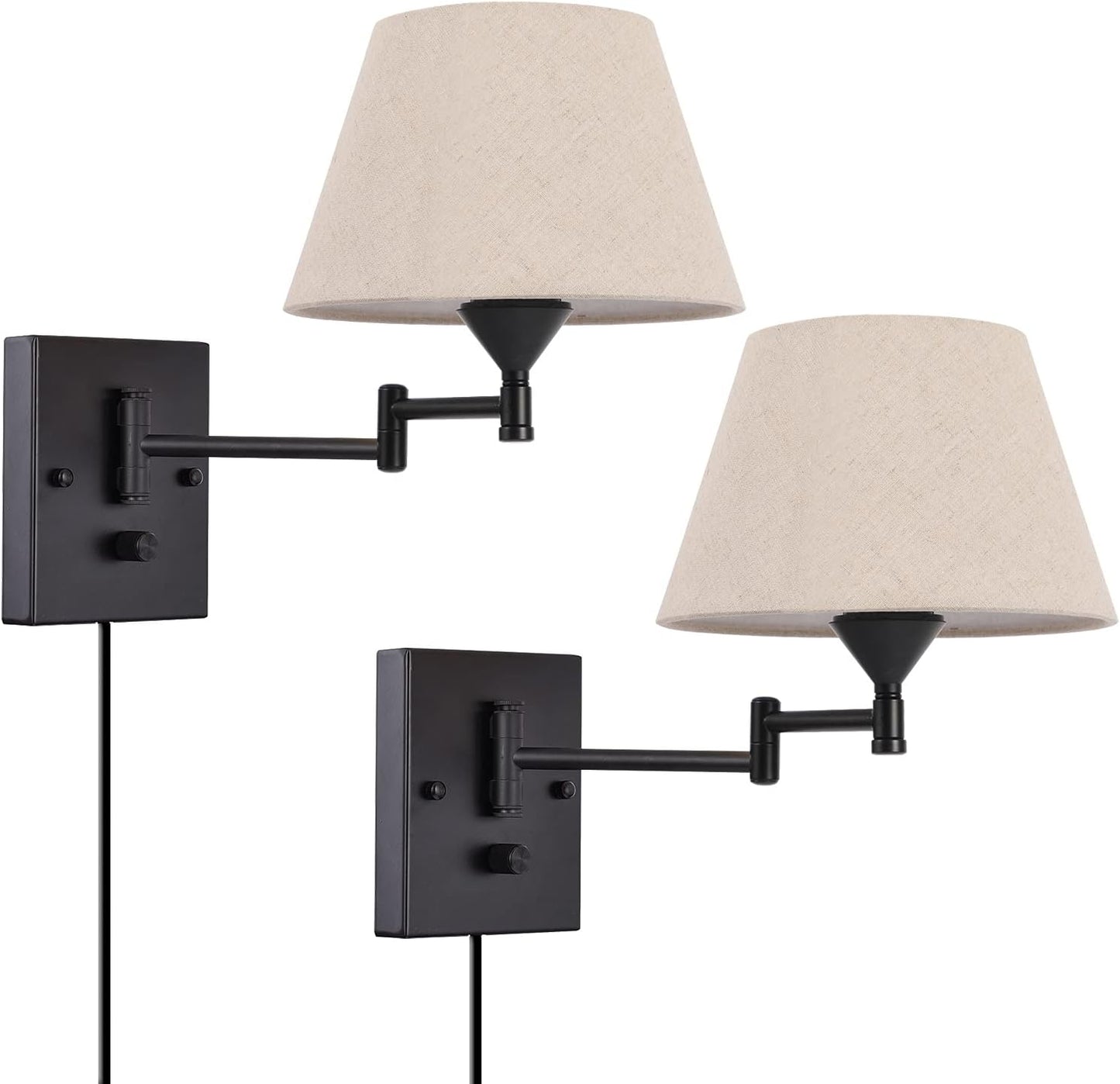Pauwer Plug in Wall Sconce Set of 2 Swing Arm Wall Lamp with Plug in Cord and Fabric Shade Wall Light Fixtures for Hallway Bedroom Living Room (Beige Shade)