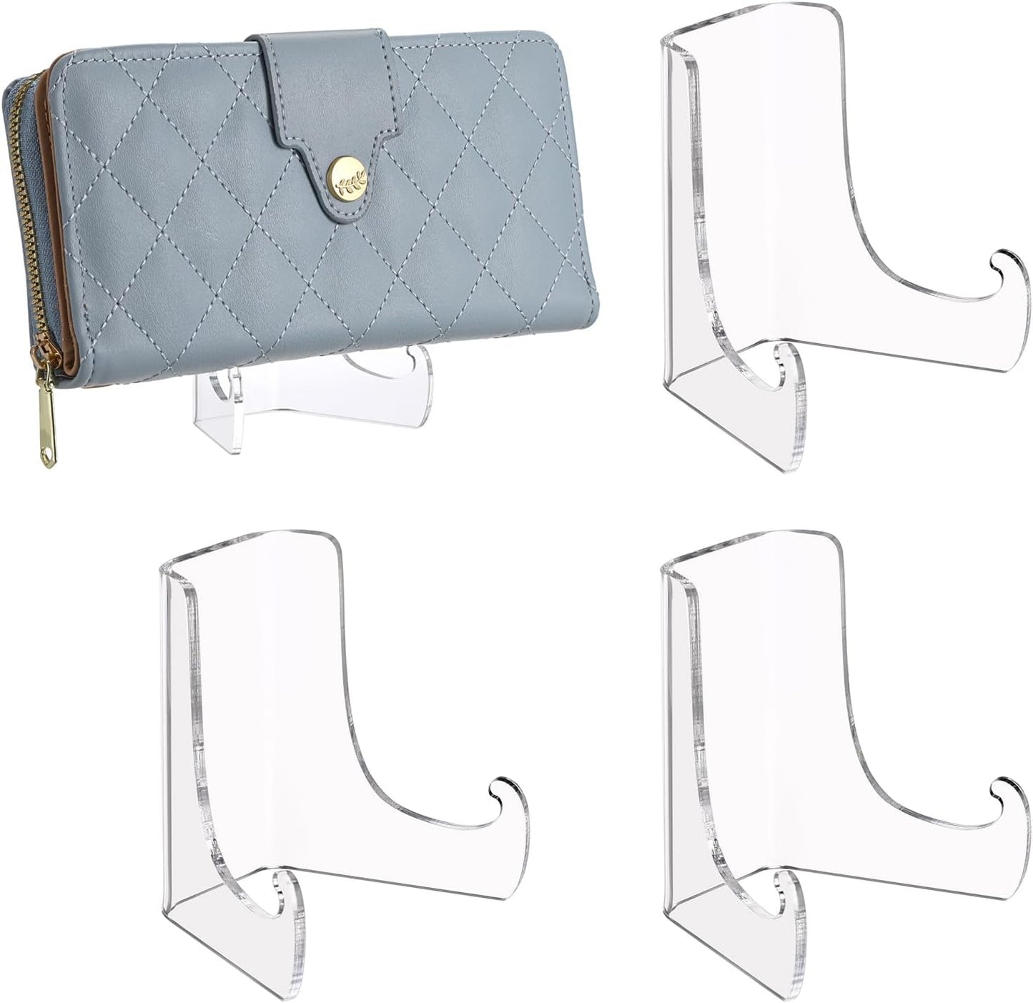 JUXYES 3 Pack Acrylic Wallet Display Holder Stands, Portable Easels Display Stand Clear Plate Display Rack for Boutique, Retail Countertop Acrylic Display Stand for Hand Purse, Wallet, Photos, Book