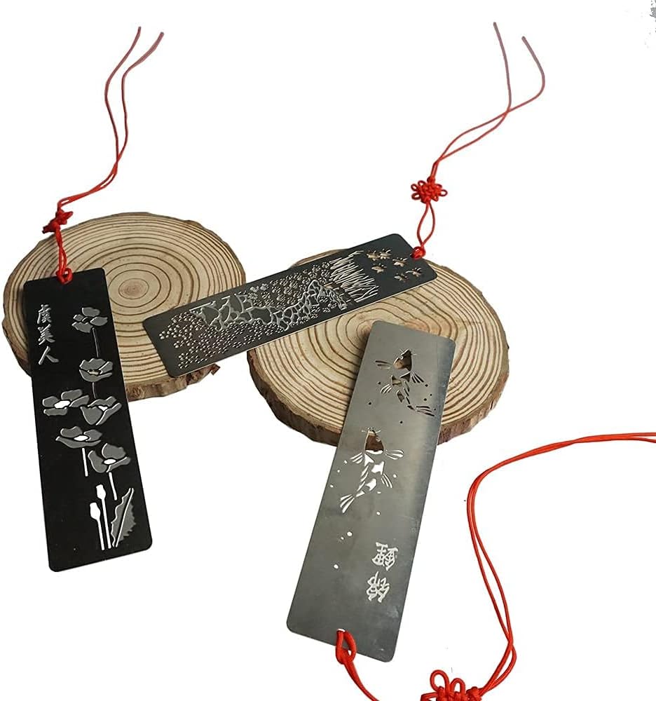 Metal Bookmarks 8 Pcs Hollow Art Stainless Steel Book Mark with Red Enless Knot, Bookmarks Gift for Men Women Book Lovers, Unique Book Marks Accessories