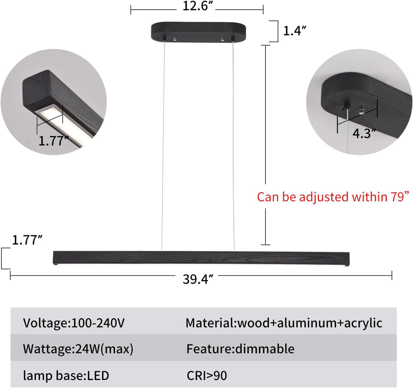 39" Black Linear Pendant Light Wooden Led Modern Linear Chandelier Ceiling Hanging Dimmable Pendant Lights for Dining Room Kitchen Island Pool Table Lights Black Wood Finish