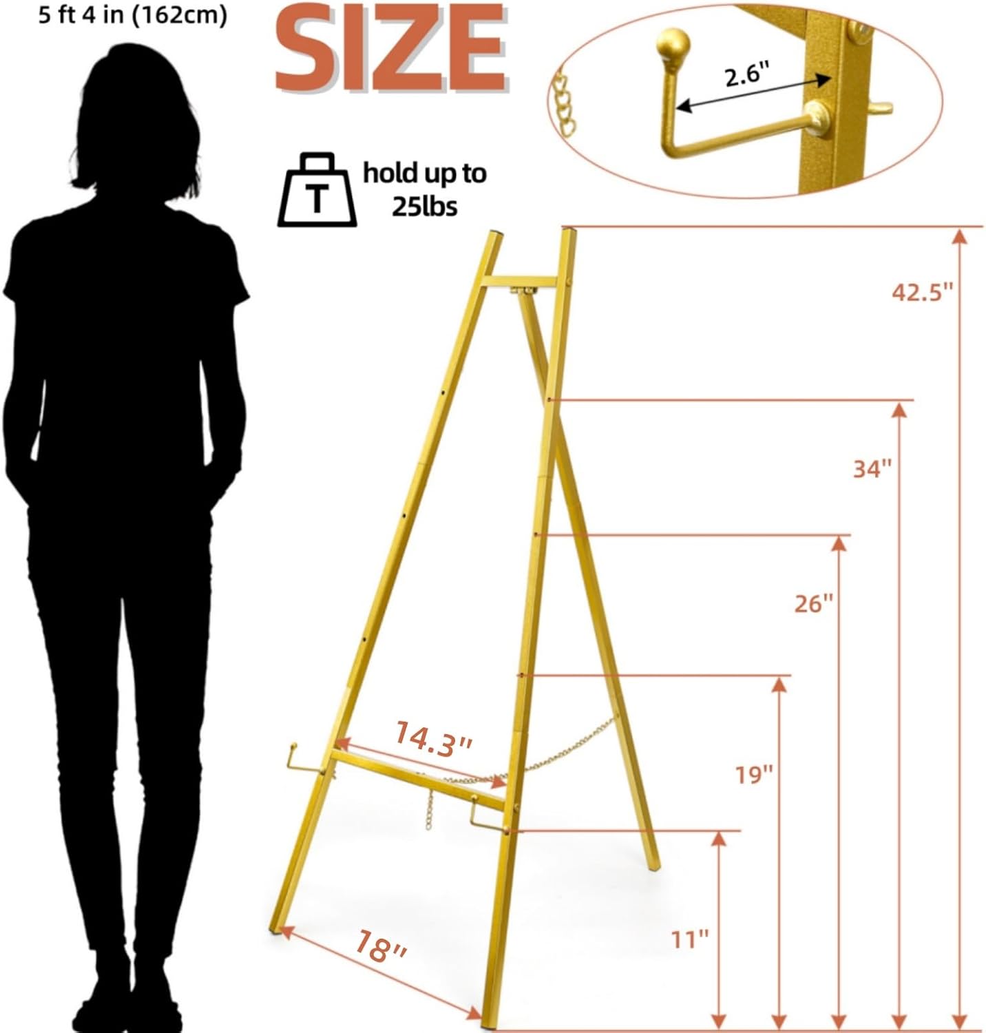 Gold Easel Stand for Sign, Heavy Duty Metal Adjustable Display Stand with 4 Tier, 44'' Height Large Floor Standing Easel for Painting, Poster, Mirror, Art, Welcome Wedding Signs