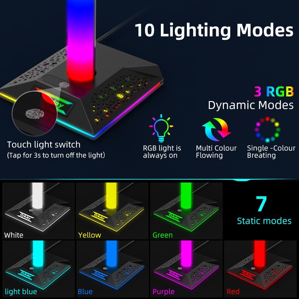 Gaming Headphone Stand PC Accessories - RGB Headset Stand with 2 USB and 1 Type-C Ports, LED Headphone Stand Gift for Boys Men, Computer Game Accessories for Desk