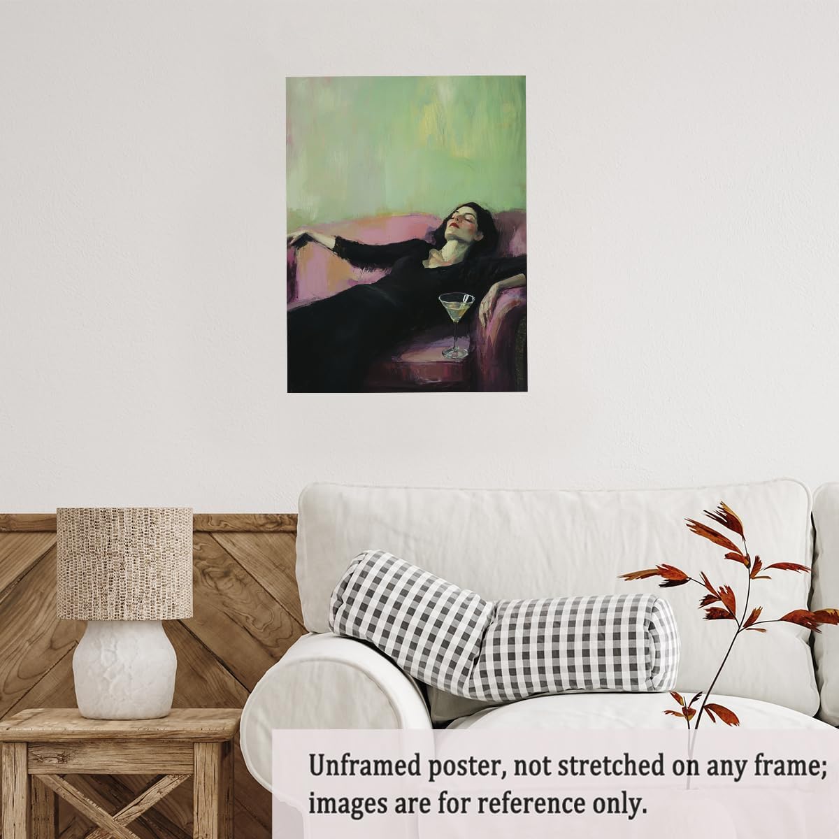 Vintage Feminine Canvas Wall Art Impressionist Woman on Pink Sofa Martini Glass Painting Print Posters for Chic Bedroom Lounge Dressing Room Art Wall Decor Poster 11x14in Unframed