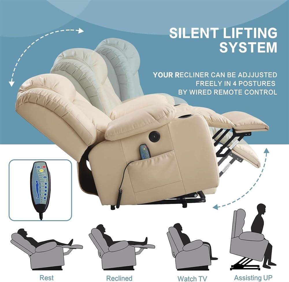 Power Lift Recliner Chair for Elderly, Electric Recliner with Massage and Heat, Infinite Position Adjustable Lift Chair, USB Charging Port, Side Pocket, Living Room Recliner Sofa