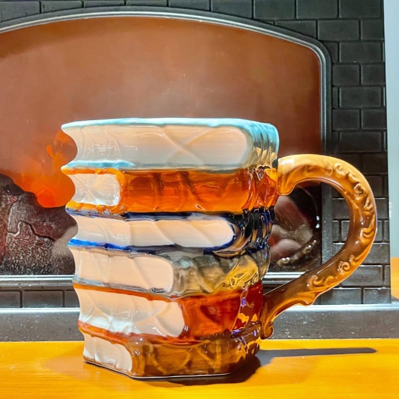 3D Painted Book Stack Coffee Mug, Hand Painted Ceramic Cup with Ornate Handle, Novelty Book Lover Gift, Multicolor Design (classic)