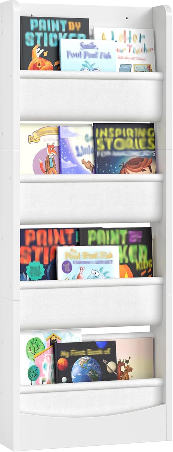 Wall Mounted Kids Bookshelf, 4 Tier Fabric Book Shelf for Kids Rooms, Bookshelf Organizer for Nursery, Classroom, Door Behind, Holds Books, Toys, White MCW40WB