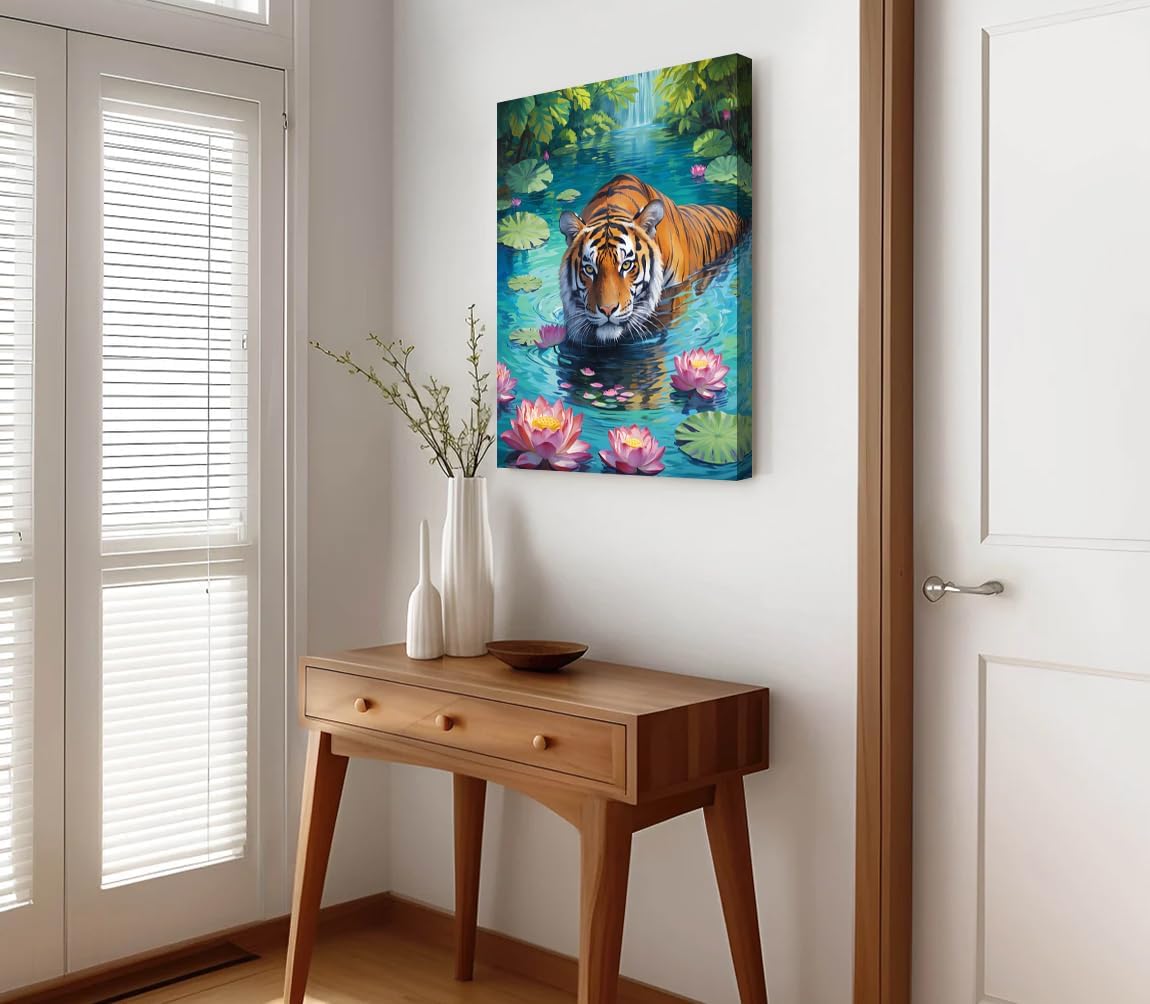 Framed Tiger Bathroom Decor Wall Art,Framed Tiger Bathroom Wall Art 12x16 Inch - Lotus Floral Animal Canvas Print, Jungle Theme Decor for Living Room & Bedroom, Asian Style Painting