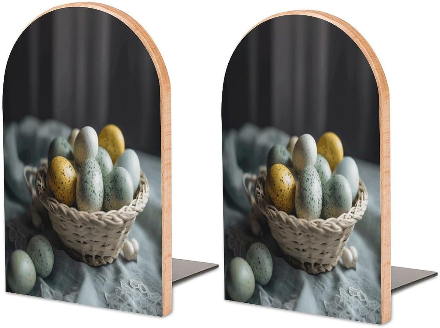 Easter Egg Basket Bookend for Shelves Wooden Book End Large Size Sturdy Book Holders Stoppers with Metal Base for Bookshelves Slick Decorative Bookends Stands
