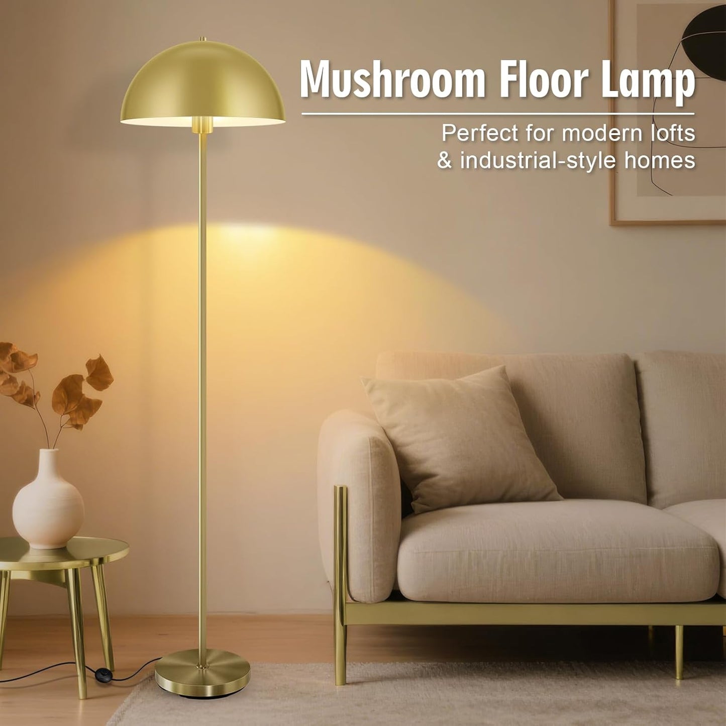 Industrial Floor Lamp, Brass Gold Floor Lamp for Living Room, 66Inch Tall Modern Standing Lamp, Stand Up Lamp with Metal Dome Shade, Mid Century Corner Reading Lamp for Bedroom Office Nursery, NO BULB