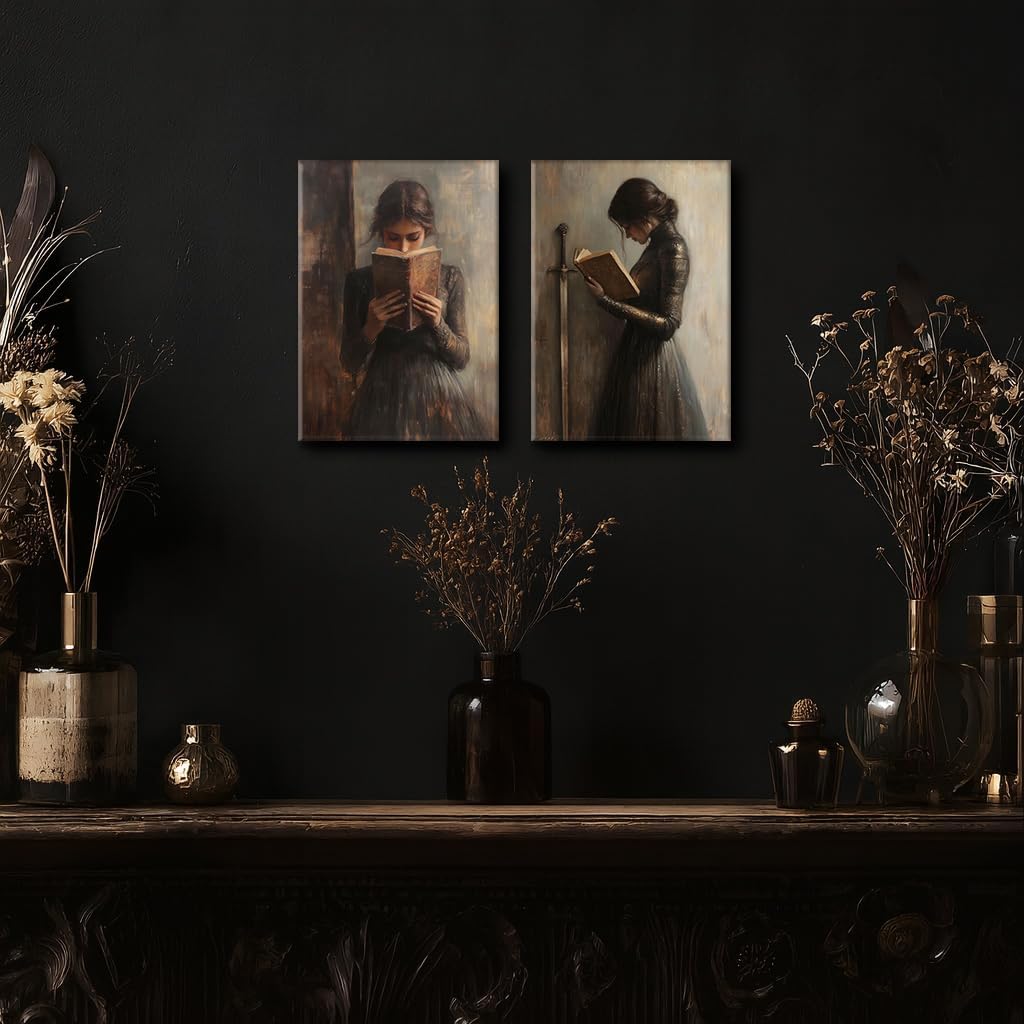 Dark Academia Wall Art Dark Moody College Girl Painting Poster Print Gothic Victorian Woman Reading Magic Book Picture Wall Decor for Library Corner Bedroom Dorm Living Room 16x24 In