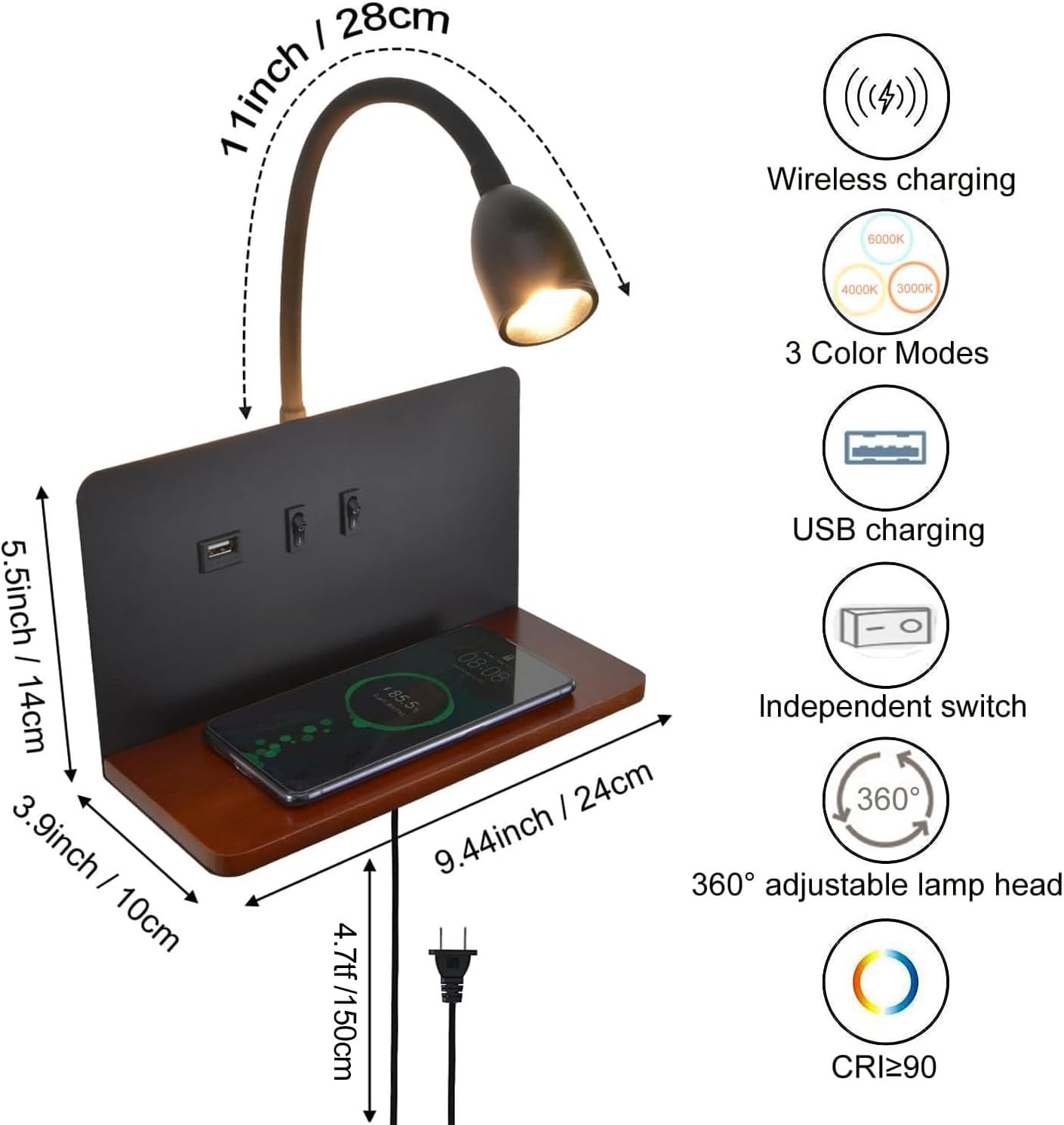 Bedside Wall Sconces with Wireless Charging Station & USB Charging, 3 Adjustable Color Temperatures LED Reading Lamp, 3000K Warm Ambient Lighting Wall Mounted Sconce for Bedroom, Plug-in or Hardwired
