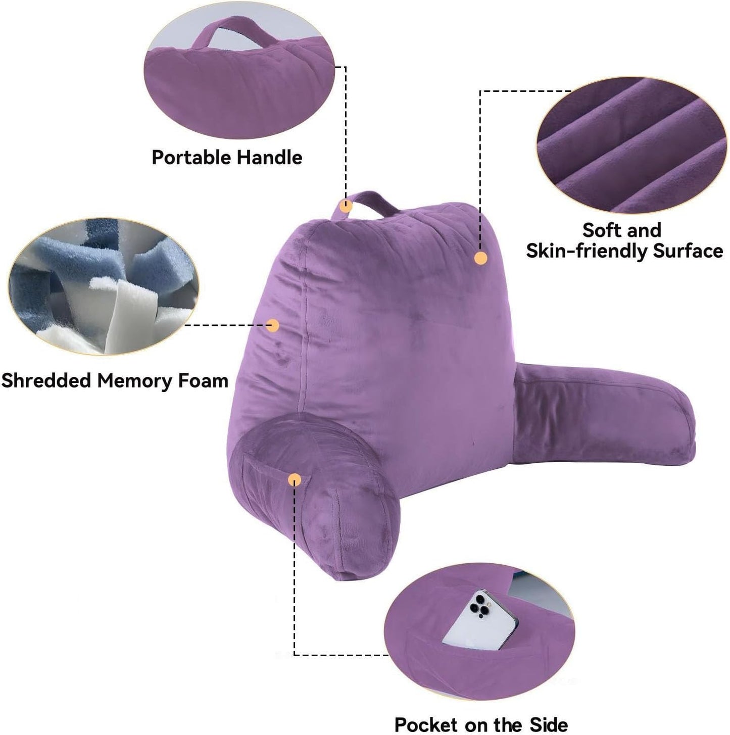 Large Reading Pillow for Bed Sitting Up, Adults and Teens Backrest with Arms, Velvet Back Support Pillow for Sitting on Bed, Sofa, and Couch, Dorm Essentials- Large, Purple
