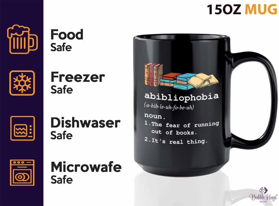 Reading Coffee Mug 15oz Black - Abibliophobia Definition - Reader Gift Bookworm Owl Lover Cat Lover Book Lover Novelist Librarian Writer