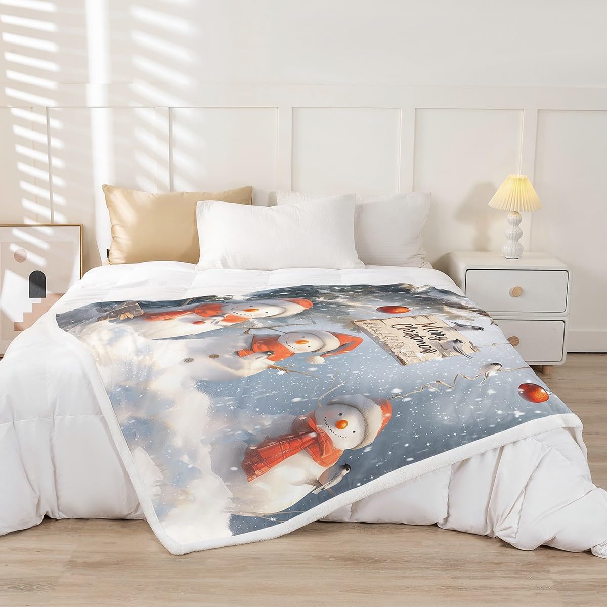 Feelyou Kids Merry Christmas Fleece Throw Blanket Queen 90"x90" Xmas Snowman Plush Blanket Boys Girls Teens Falling Snowflake Snow Sherpa Blanket Winter Holiday Theme Fuzzy Blanket