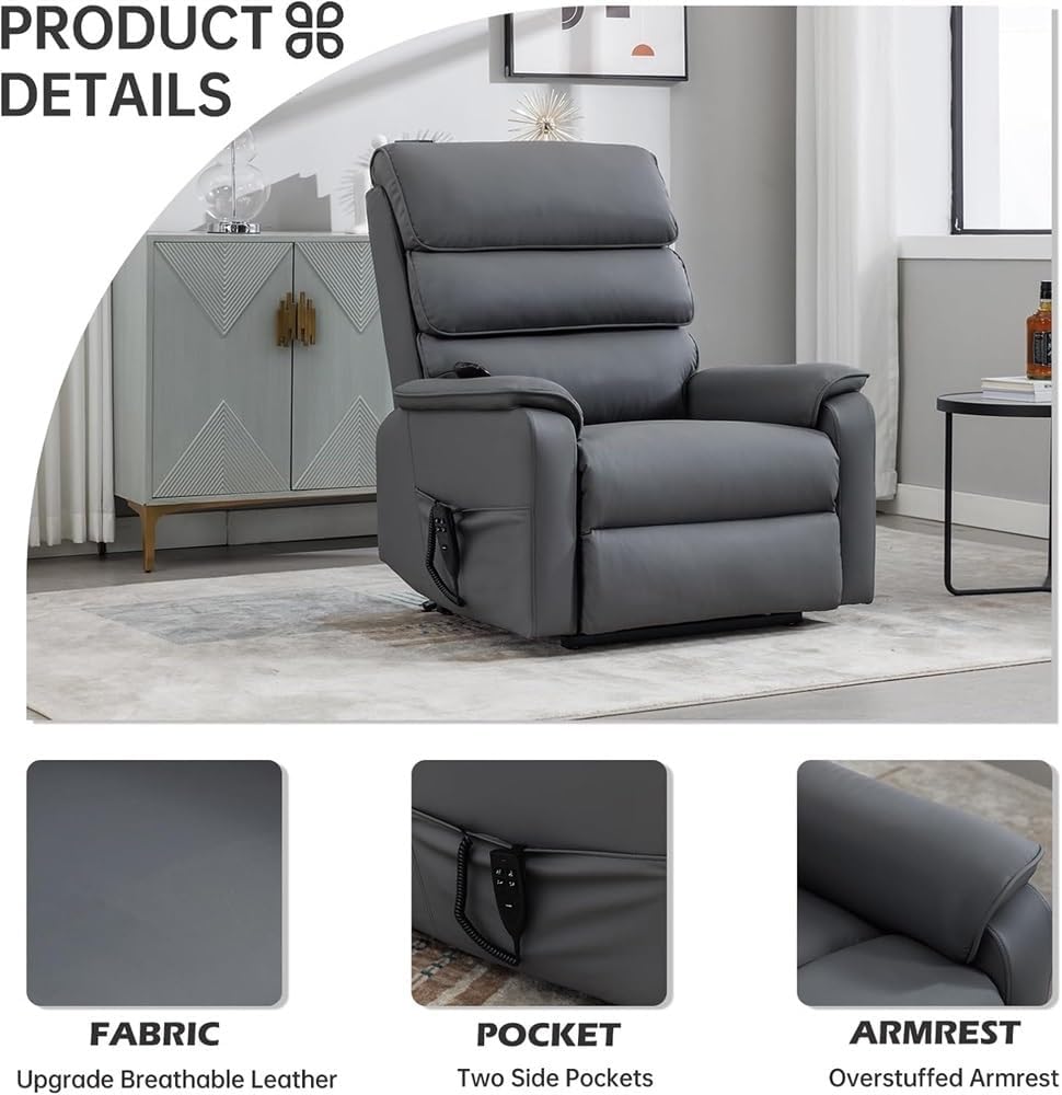 Power Lift Recliner Chair for Elderly, Lay Flat Electric Living Room Sofa with Heat and Massage, Breathable Gray Leather Power Recliner with 2 Side Pockets, USB Ports