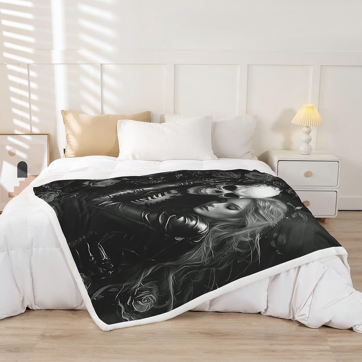 Erosebridal Black Valentines Day Blanket,3D Girl Sugar Kiss Skull Throw Blanket Queen,Gothic Rose Floral Fleece Blanket,Skull and Love Sherpa Blanket Valentine's Day Gift Decor