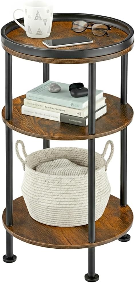 Small Round Side Table with Tray Top (Patented Design), 11.8" Narrow End Table for Small Spaces, 3-Tier Industrial Nightstand, Original Rustic Accent Furniture for Living Room Bedroom, Rustic Brown