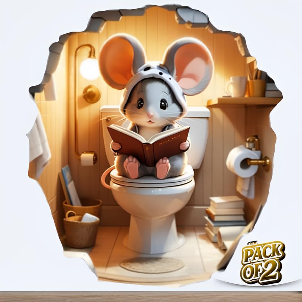 3D Cute Little Mouse on Toilet Reading Book Wall Decal Sticker, Pack of 2, Size 4 inches
