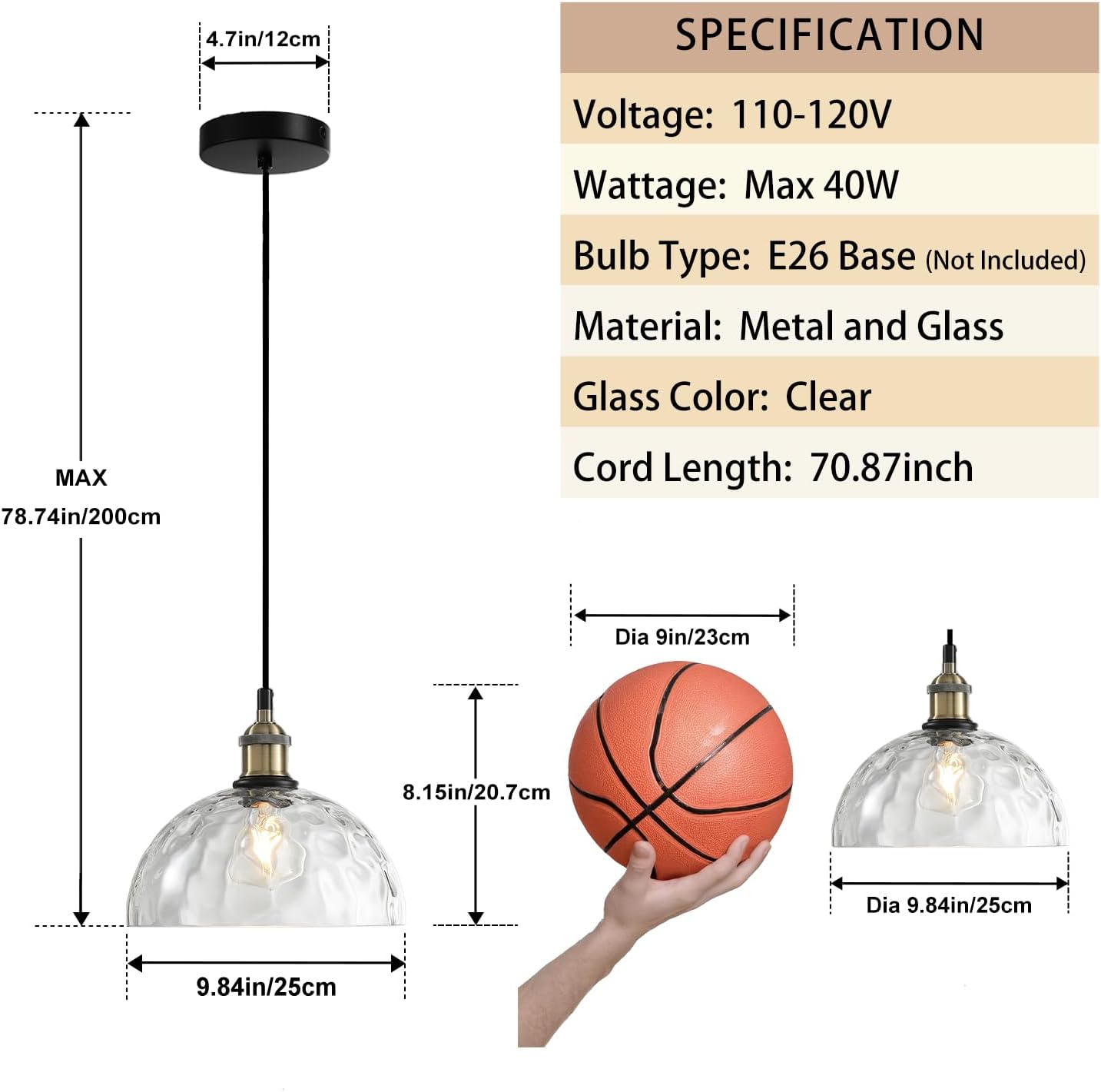 Modern Clear Glass Pendant Light, 9.84“ Mid Century Dome Lampshade Hanging Lamp Shade, Ceiling Chandelier Lighting Fixture for Kitchen Island Laundry Room Bathroom Hallway Foyer