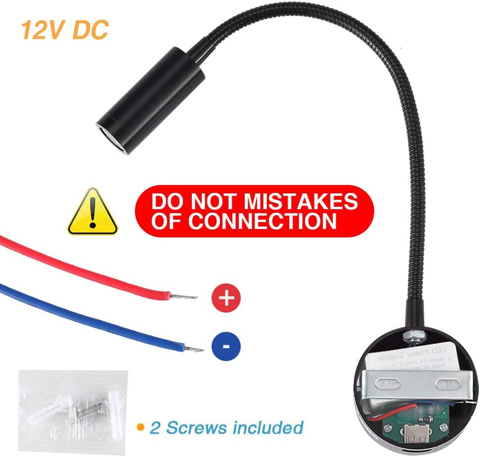 Dimmable RV Reading Light with USB Charging Port, DC 12V RV Interior Lights, Flexible LED Light Fixtures, Designed for Camper, Van, Boat and Motorhome (Black)