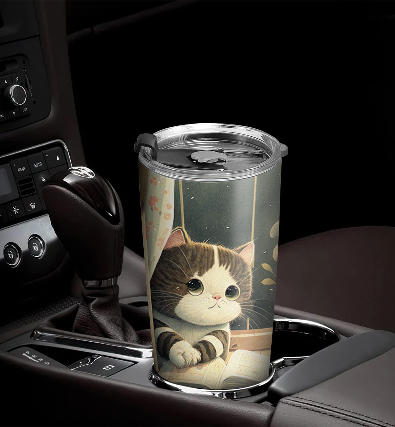 20oz Cute Kitten Books Cat Tumbler, Gifts for Cat Lovers, Librarian, Reading Gifts, Café Tumbler for Women, Stainless Steel Double Wall Vacuum Insulated Coffee Mug, Travel Cup with Lid