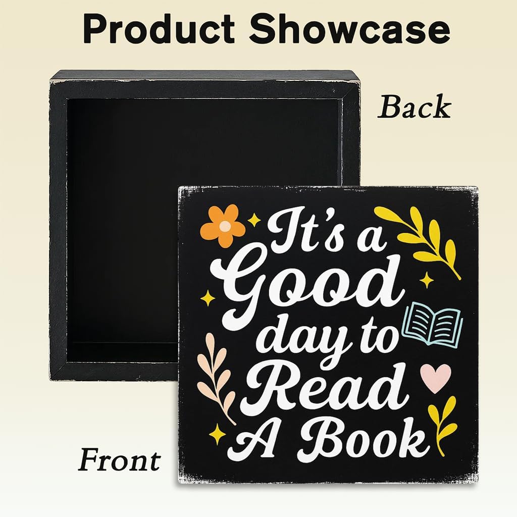 It's A Good Day to Read A Book Wood Box Sign, Floral Trendy Reading Wall Decor Gifts for Women Kids Book Lovers School Library Reading Nook Corner Home Dorm, 5x5 Inch(Black)